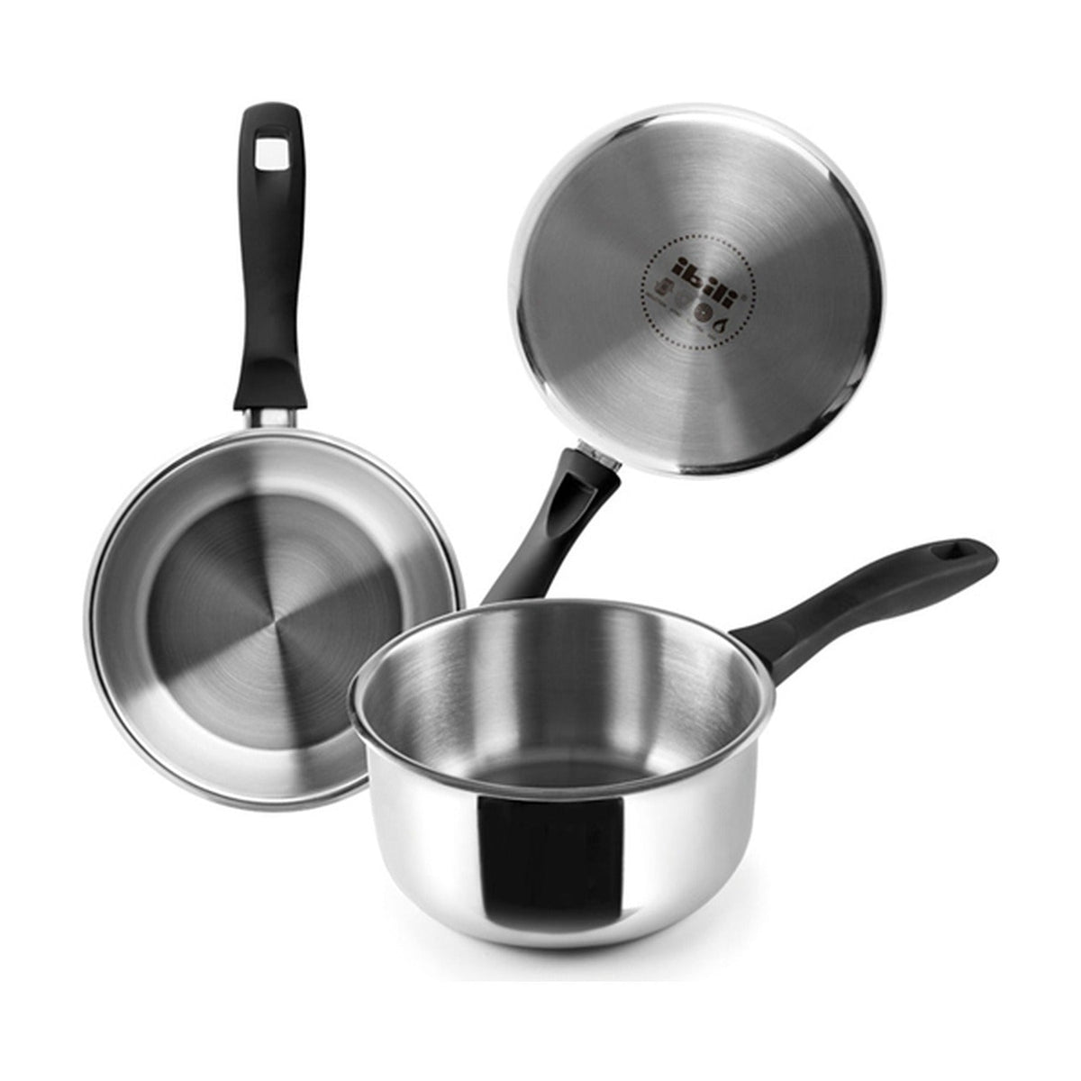 Ibili Induction Steelpan 20 cm, roestvrijstalen steelpannen in drie maten met zwarte handvatten naast elkaar