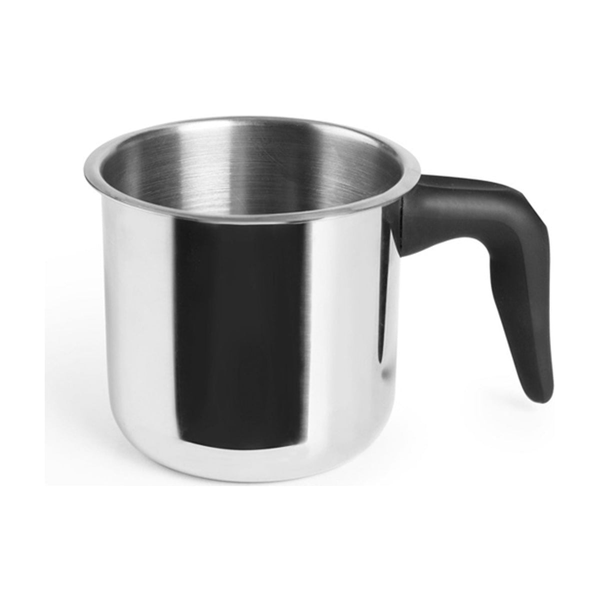 Ibili Melkpan Inductie 16 cm, roestvrijstalen melkpan met zwart kunststof handvat op witte achtergrond