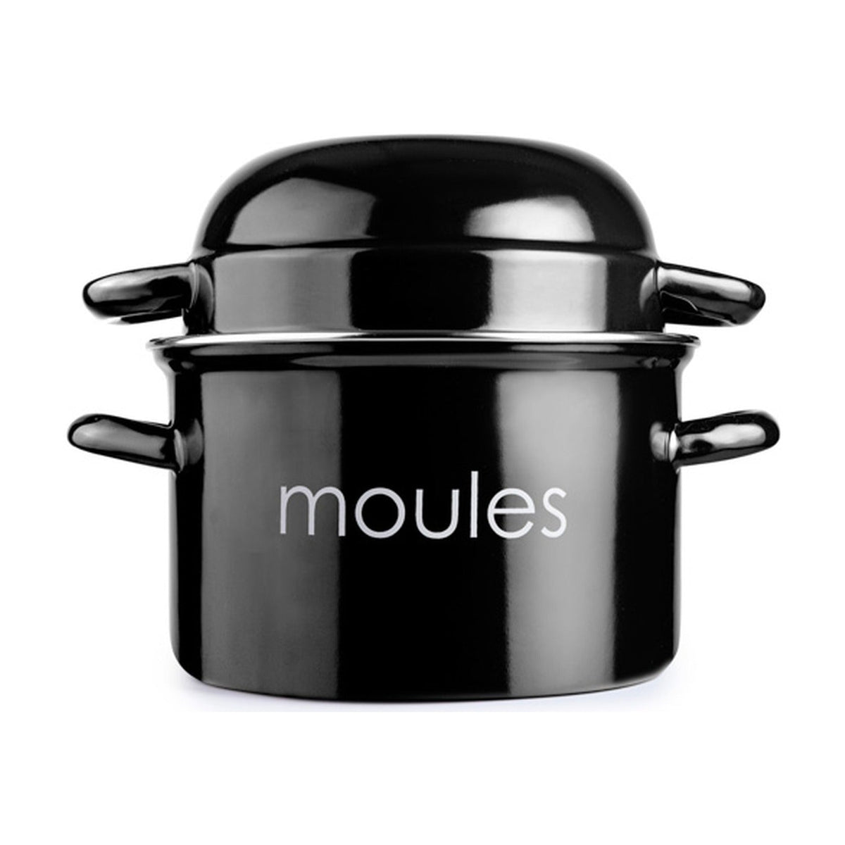 Ibili Mosselpan Zwart 18 cm, zwarte geëmailleerde pan met bolle deksel en opschrift moules op witte achtergrond