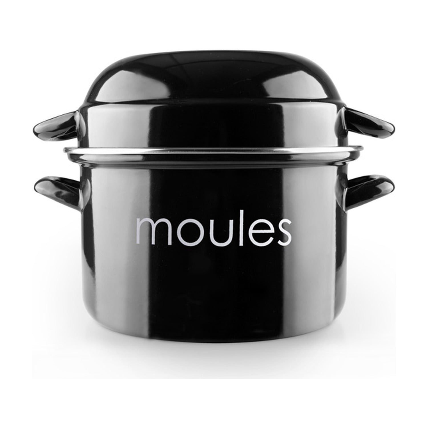 Ibili Mosselpan Zwart 22 cm, zwarte geëmailleerde pan met bolle deksel en opschrift moules, schuin aanzicht met glanzende metalen rand