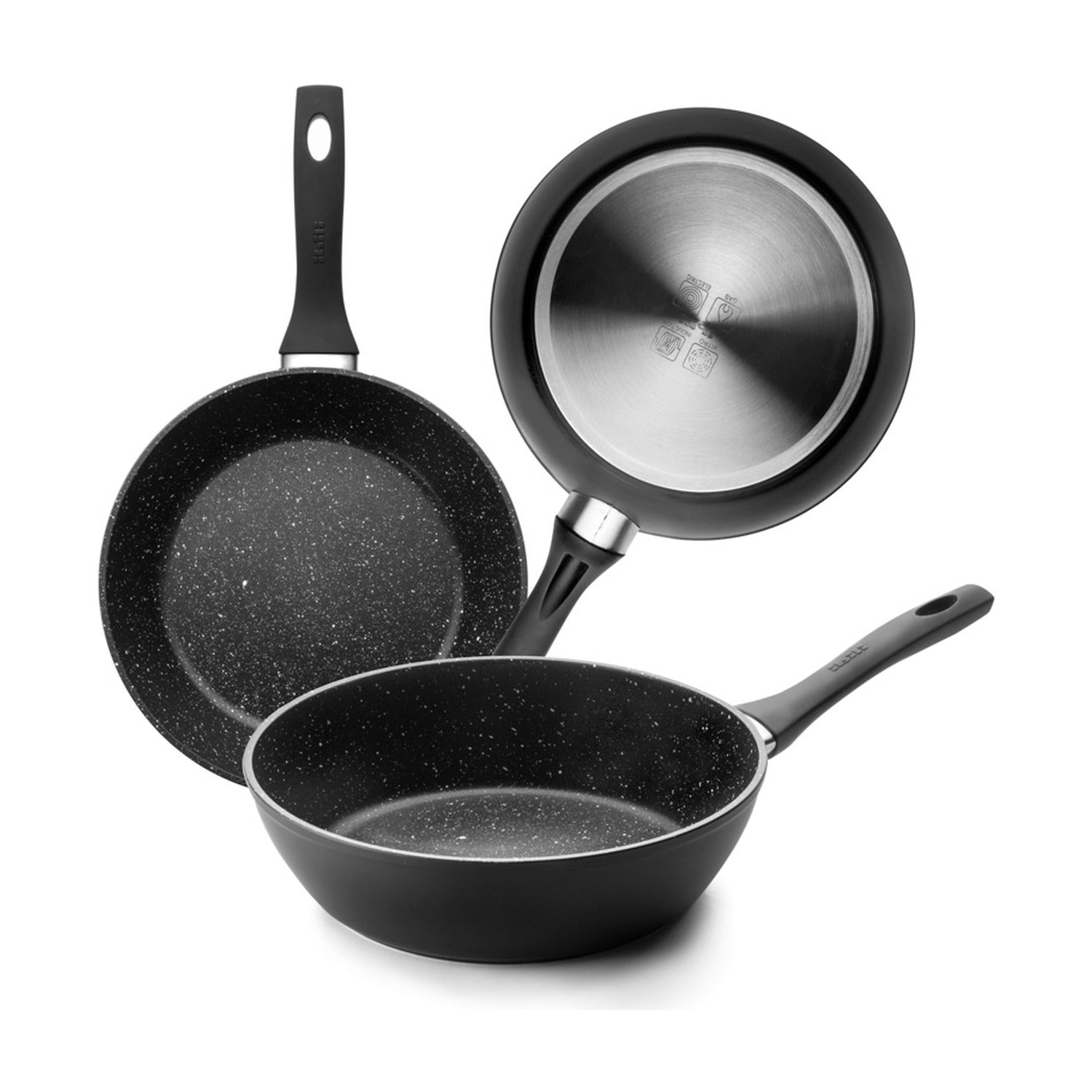 Ibili Natura Hapjespan 28 cm zwart, drie aanzichten van de pan met granietkleurige anti-aanbaklaag en soft-touch handvat, inclusief bodem met inductieschijf