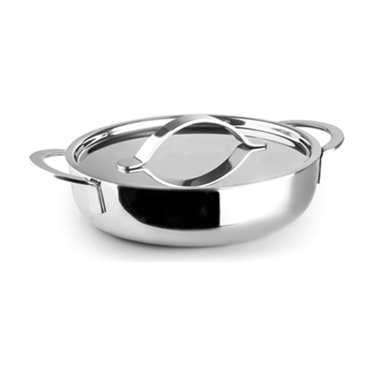 Ibili Natural Braadpan met Deksel Tri-Ply, roestvrijstalen braadpan met metalen deksel en twee oren op witte achtergrond.
