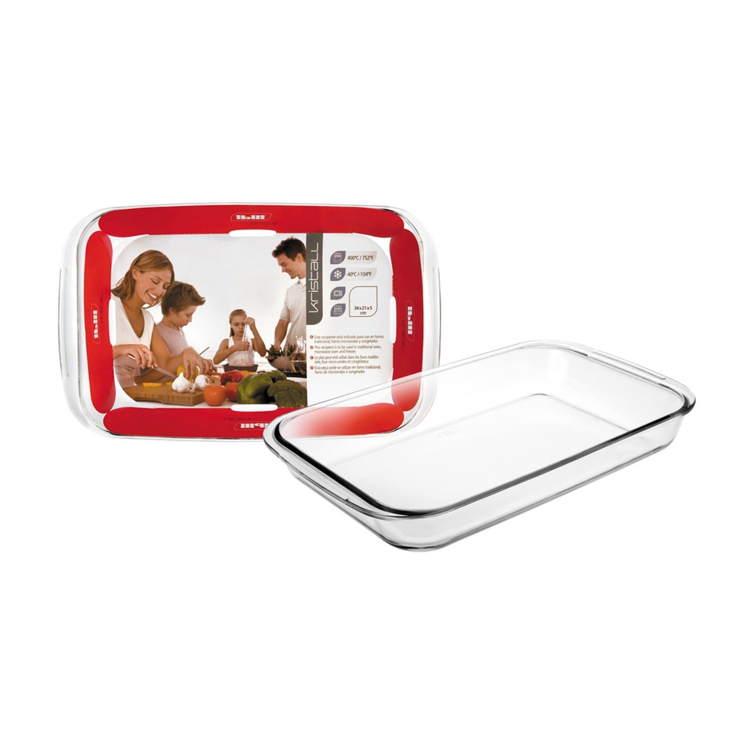 Ibili Ovenschaal Rechthoekig Glas, transparante glazen ovenschaal voor de retailverpakking met foto van een gezin aan tafel