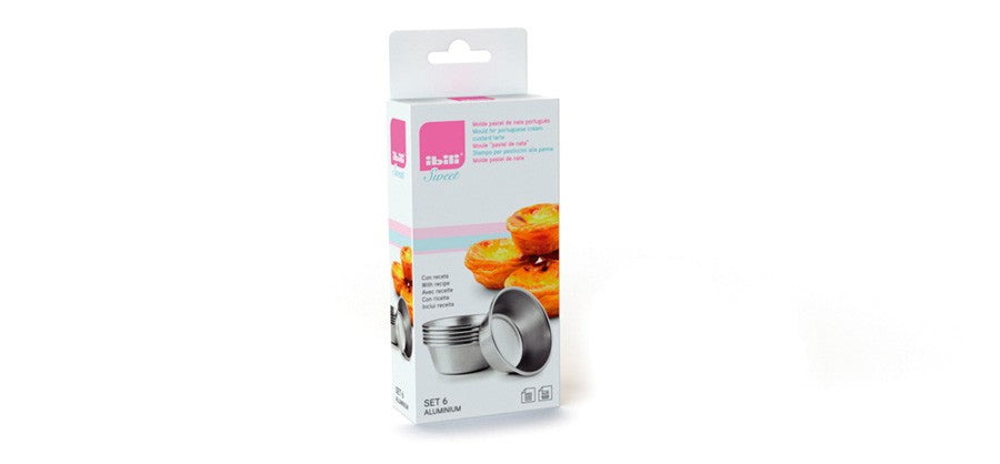 Ibili Pasteis de Nata Vormpjes 6-delig, op de witte retailverpakking met roze Ibili-label