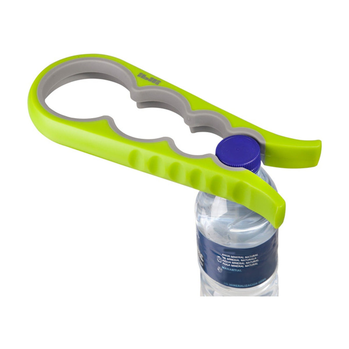 Ibili Pot- en Flesopener, groene opener met grijze rubberen groeven om de dop van een waterfles.