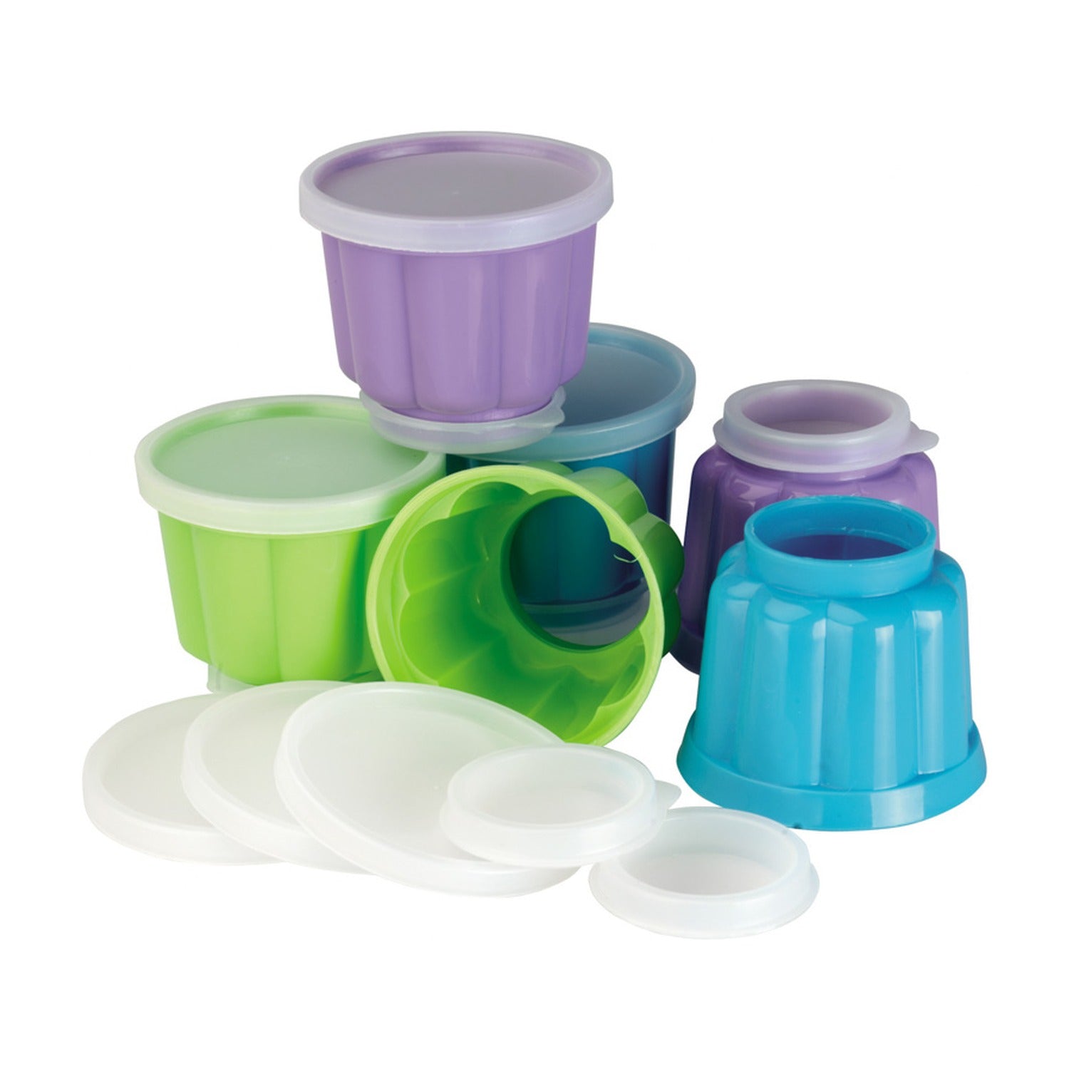 Ibili Puddingvormpjes 6-delig, gestapelde puddingvormpjes in paars, groen en blauw met geribbelde zijkant en losse transparante deksels
