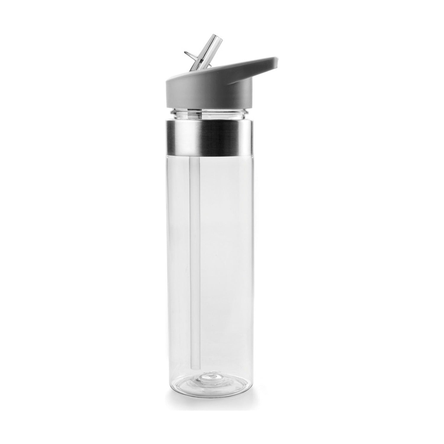 Ibili Sportfles - 720 ml, transparante drinkfles met grijze klapdop, rietje en metallic band op witte achtergrond