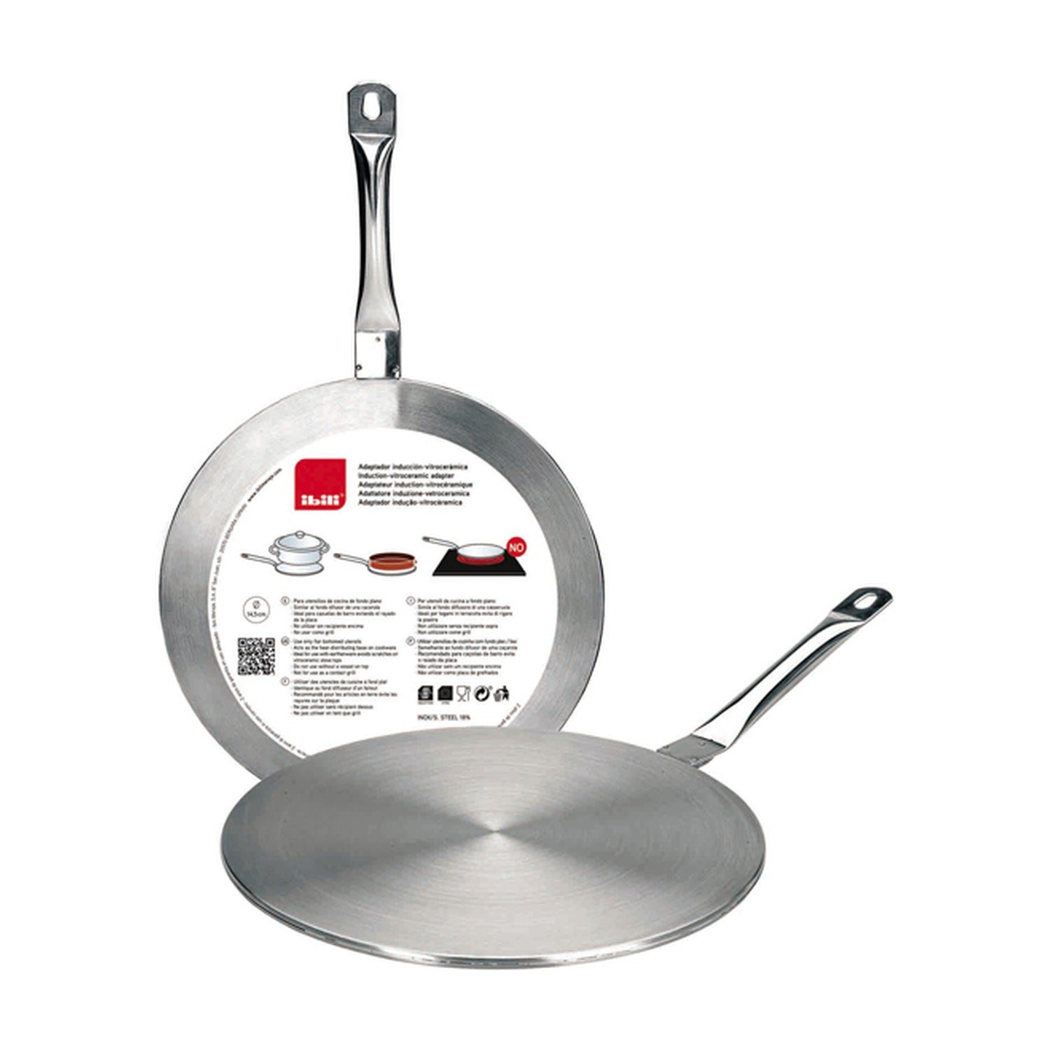 Ibili Sudderplaat 28 cm, roestvrijstalen warmteverdeelplaat met lange steel, twee exemplaren getoond met en zonder productlabel