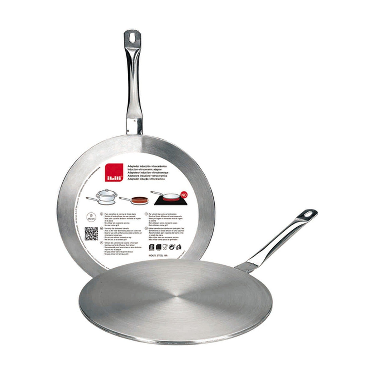 Ibili Sudderplaat 28 cm, roestvrijstalen warmteverdeelplaat met lange steel, twee exemplaren getoond met en zonder productlabel