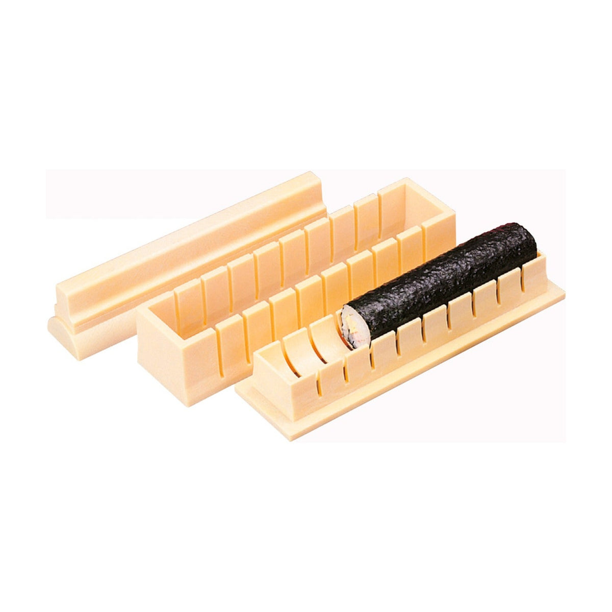 Ibili Sushi Maker Beige, beige kunststof sushi-mal bestaande uit drie onderdelen met een gerolde sushirol erin