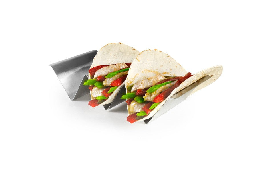 Ibili Tacohouder, roestvrijstalen houder gevuld met drie taco's met groente en vlees.