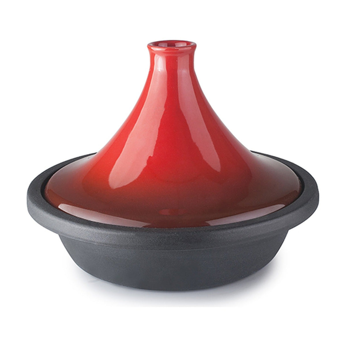 Ibili Tajine Gietijzer 27 cm rood, zwarte gietijzeren schaal met rode conische deksel op witte achtergrond