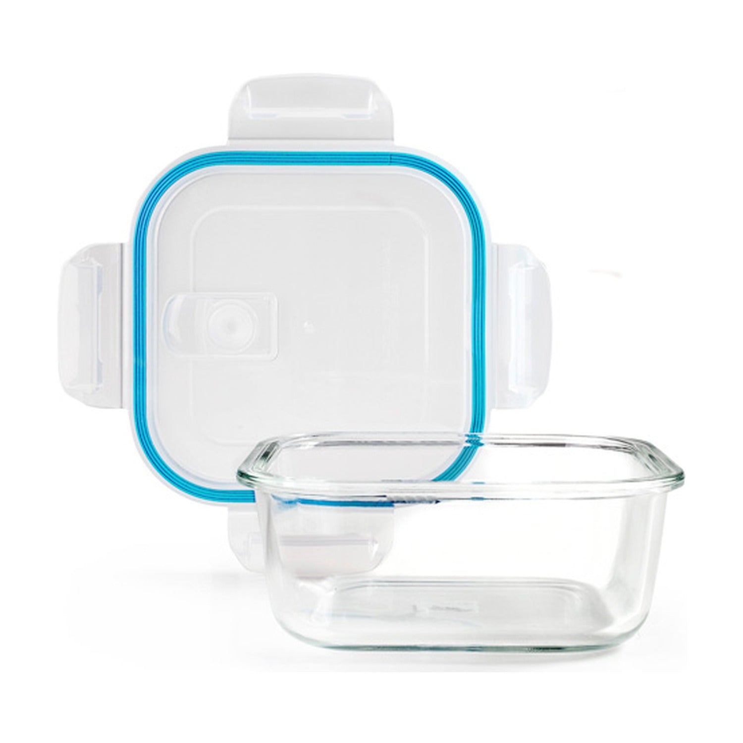 Ibili Voorraadbox met Ventiel - 520 ml, glazen bewaardoos met losse deksel en blauwe klikrand.