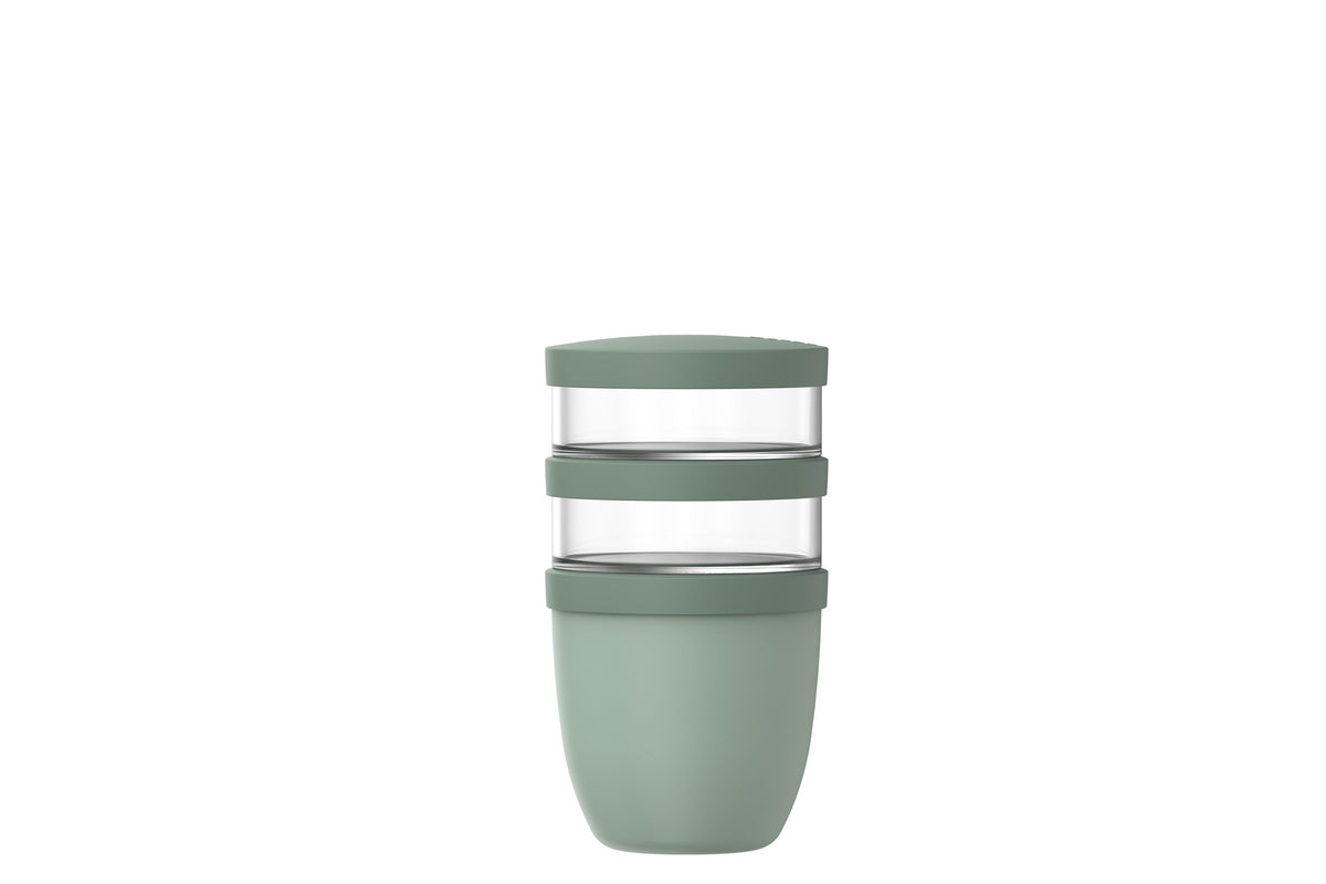Mepal Lunchpot Ellipse 3-delig - Nordic Sage, close-up van de twee transparante bovenbakjes