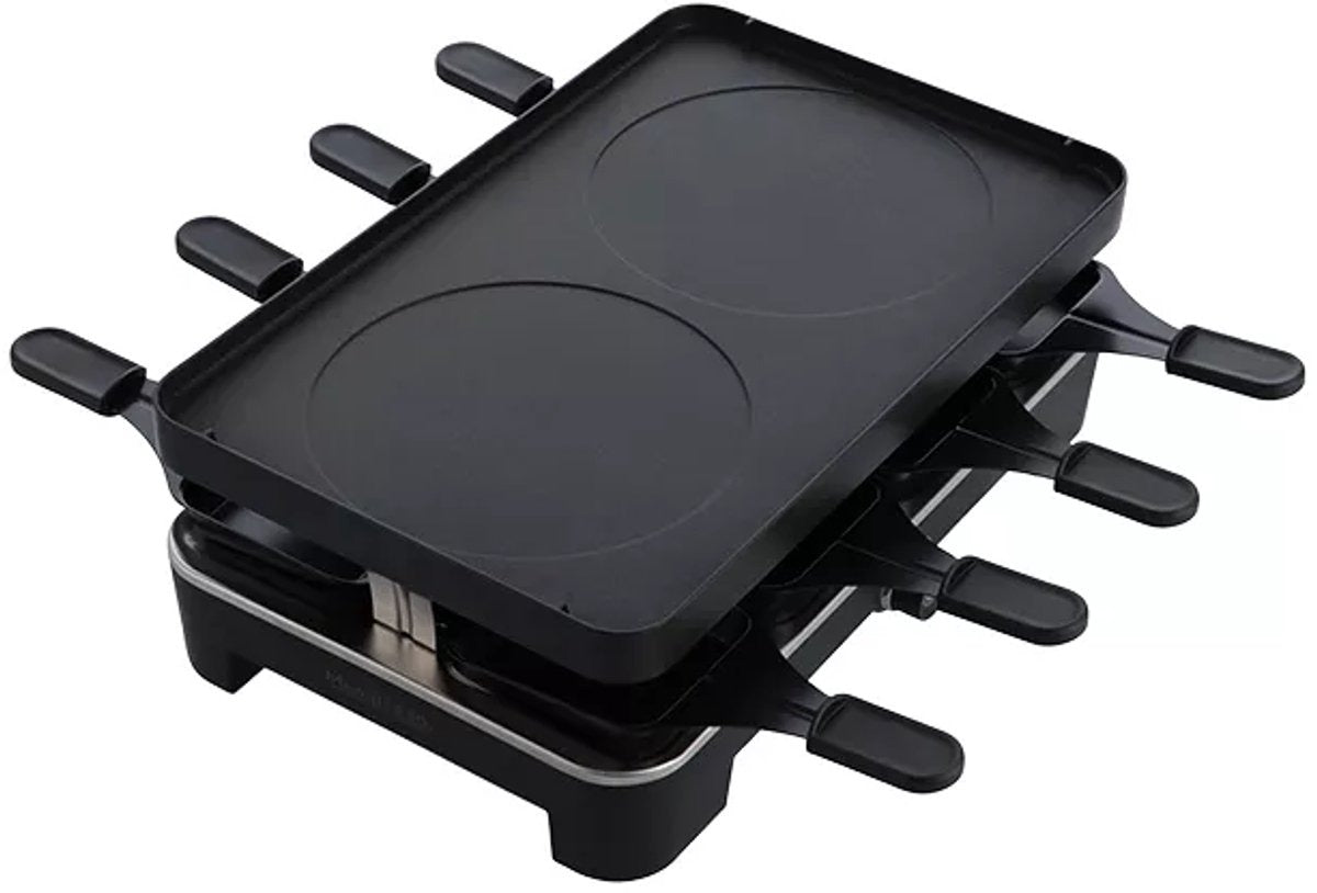 Gourmetstel met grillplaat en acht pannetjes rondom