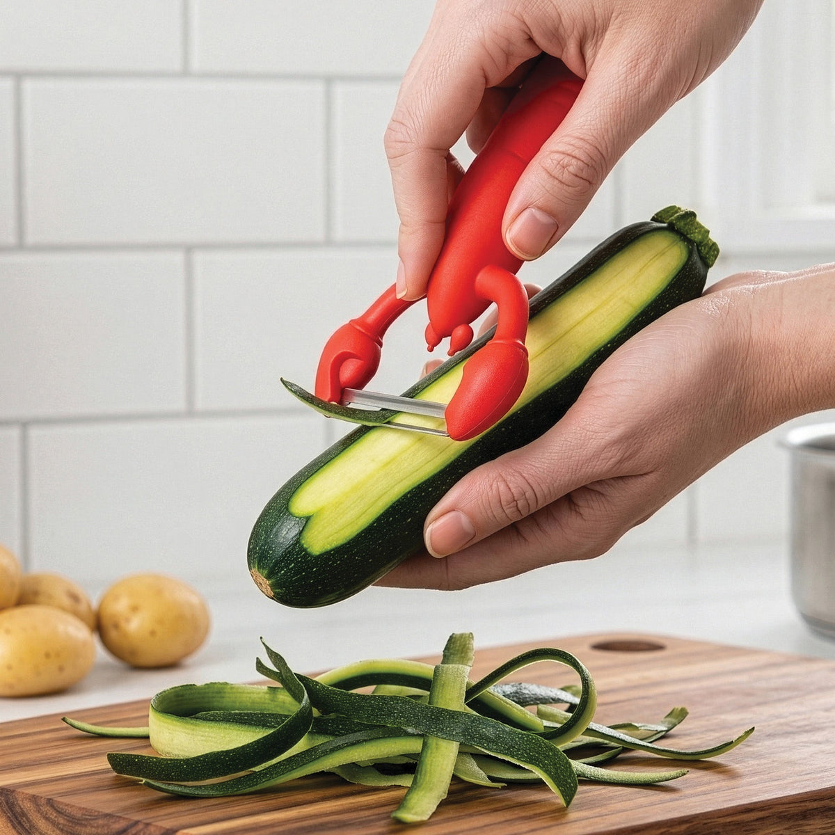 Een courgette wordt geschild met de rode kreeftdunschiller