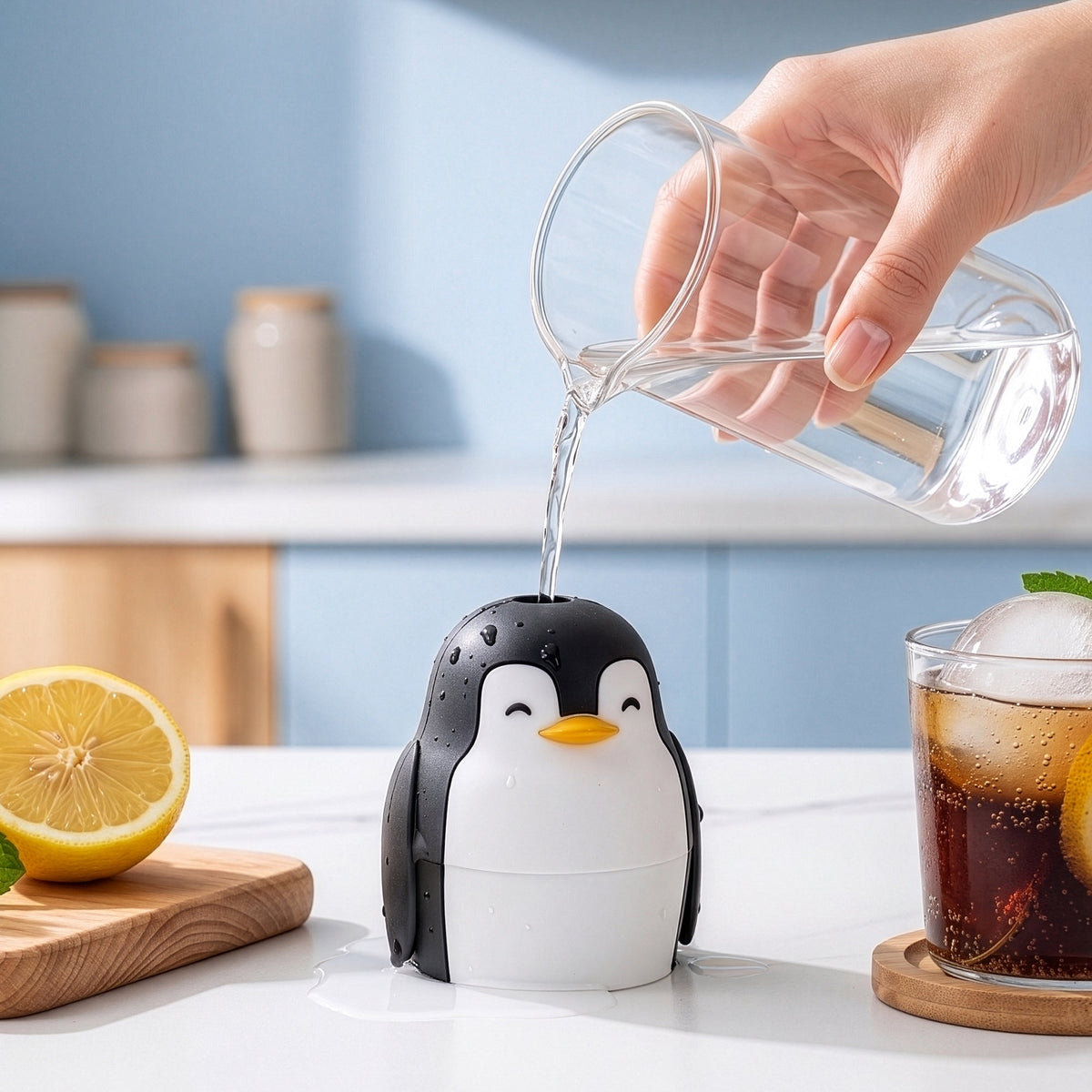 Water wordt in de pinguïn-ijsvorm geschonken naast een glas cola