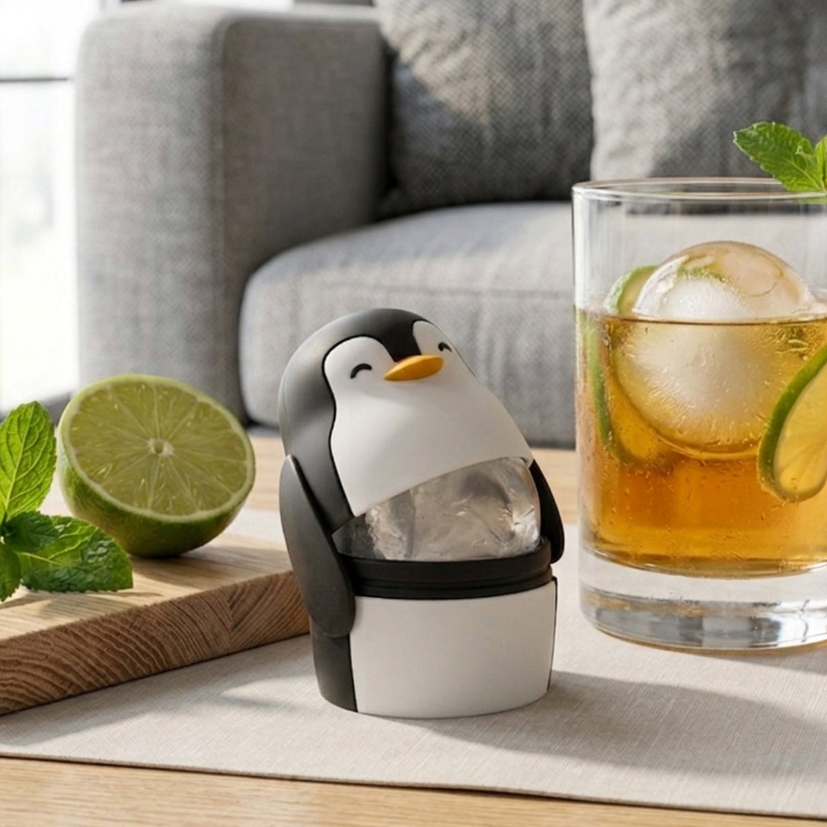 De pinguïn staat naast een glas ijsthee met een ronde ijsbol