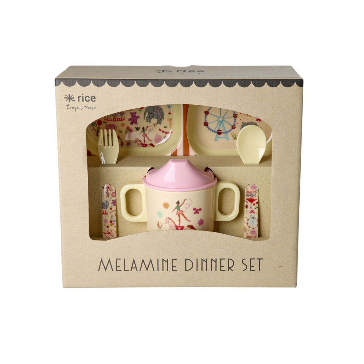 Rice Fun Fair Print Baby Eetset Melamine 4-delig - Roze op witte achtergrond