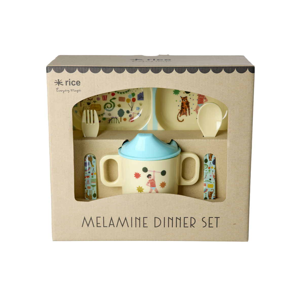 Rice Fun Fair Print Baby Eetset Melamine 4-delig - Mint op witte achtergrond