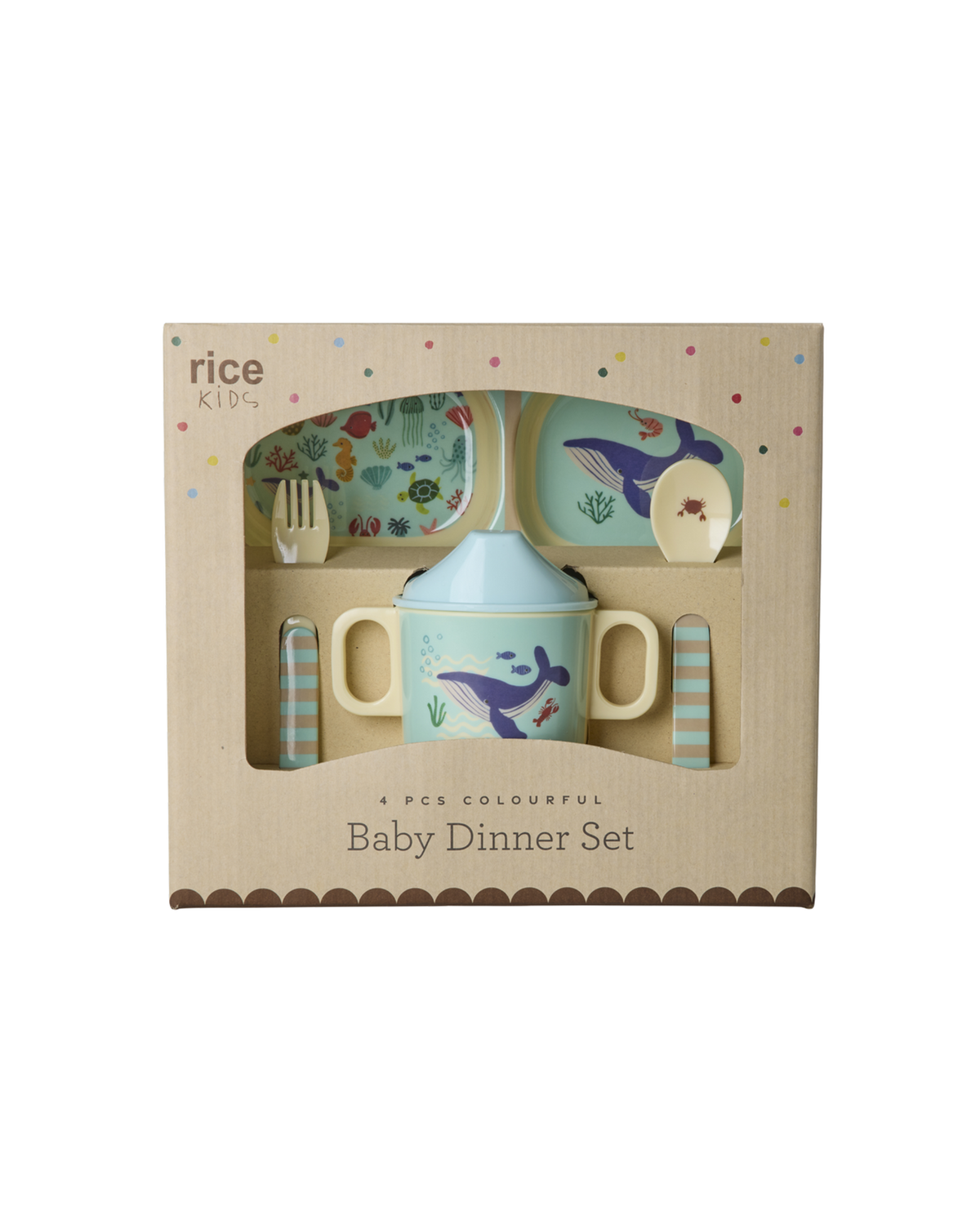 Rice Ocean Print Baby Eetset Melamine 4-delig - Blauw op witte achtergrond