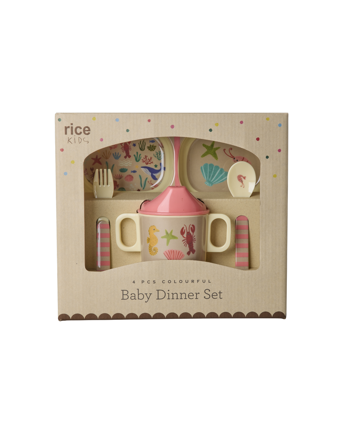 Rice Ocean Print Baby Eetset Melamine 4-delig - Koraal op witte achtergrond