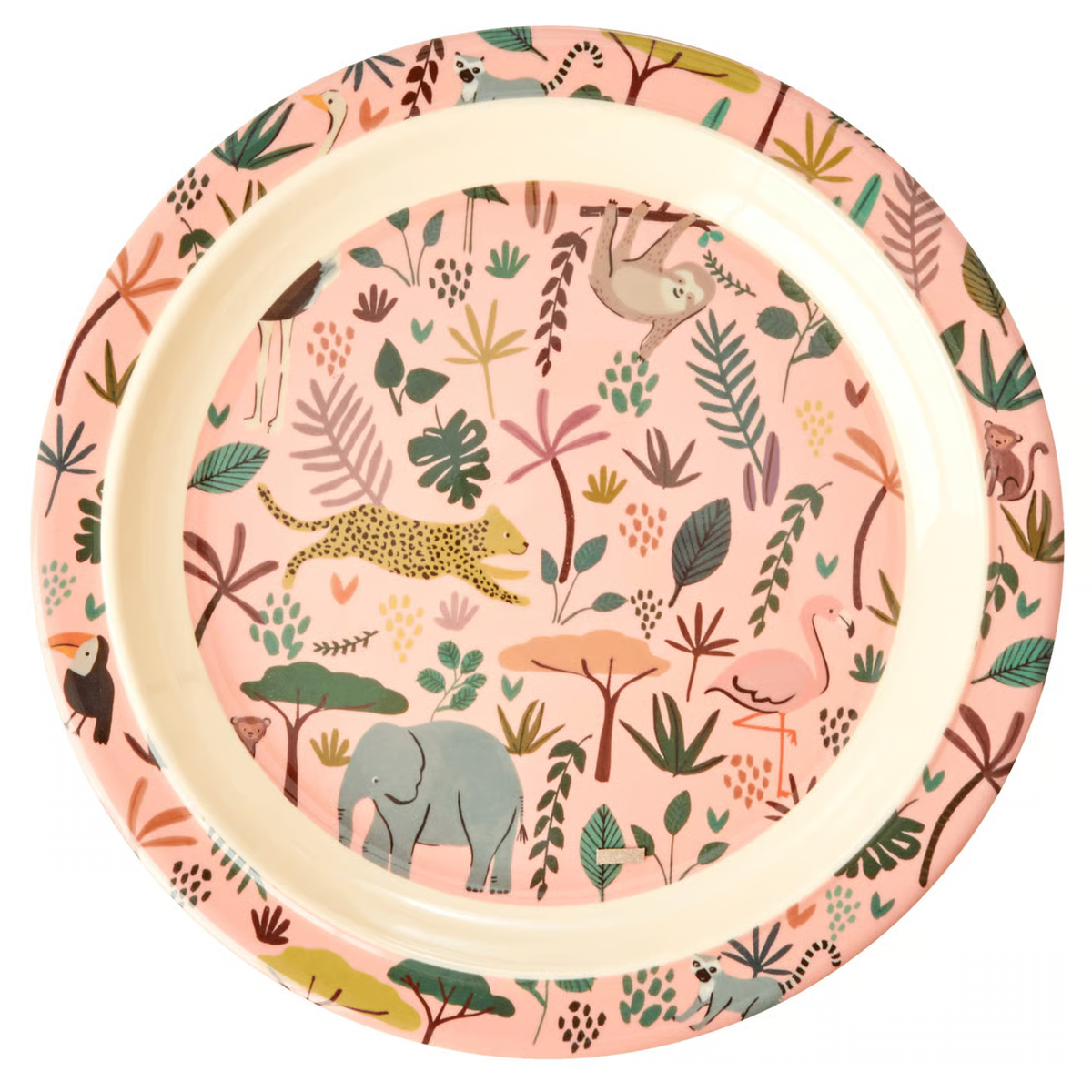 Rice Jungle Animals Print Kinderbord Koraal - 22 cm op witte achtergrond