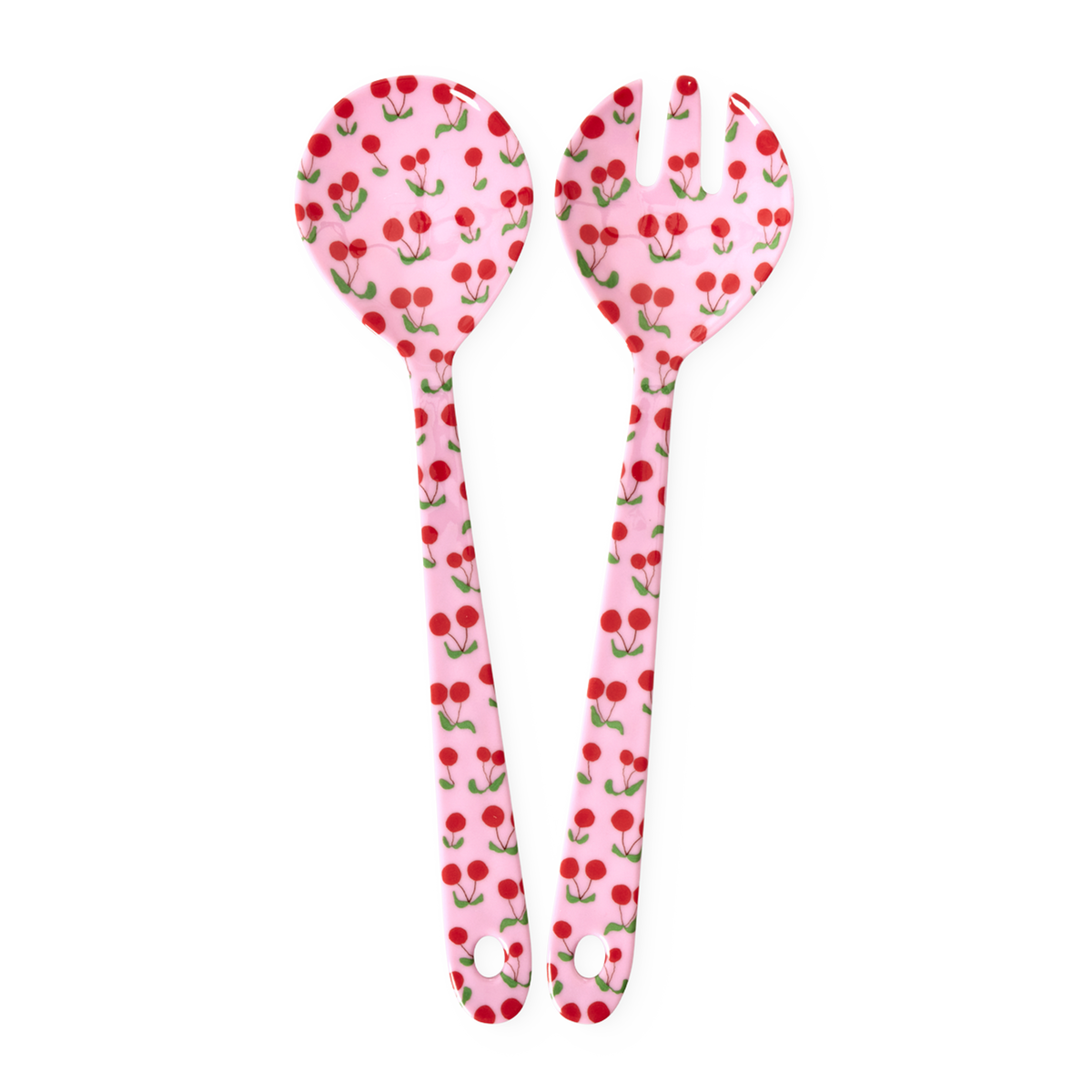 Rice Cherries Print Saladebestek Melamine 2-delig - Roze op witte achtergrond