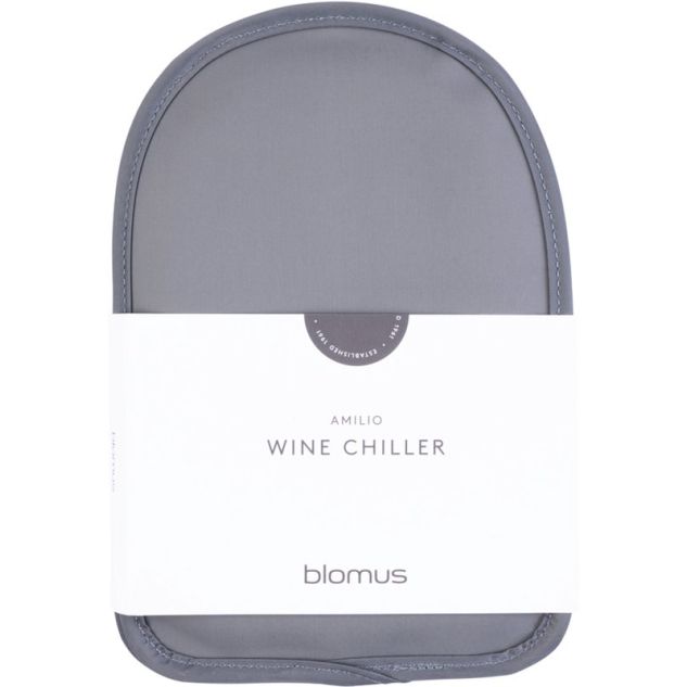Grijze Blomus Amilio wijnkoeler in de verpakking met label Wine Chiller.