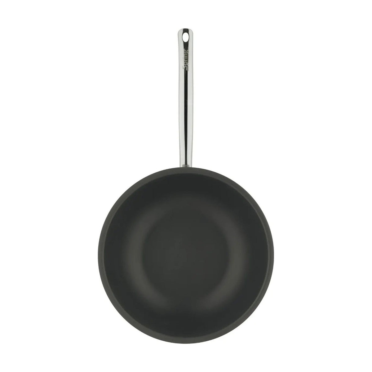 Bovenaanzicht van de wokpan met zwarte binnenkant en het roestvrijstalen handvat met Spring-logo