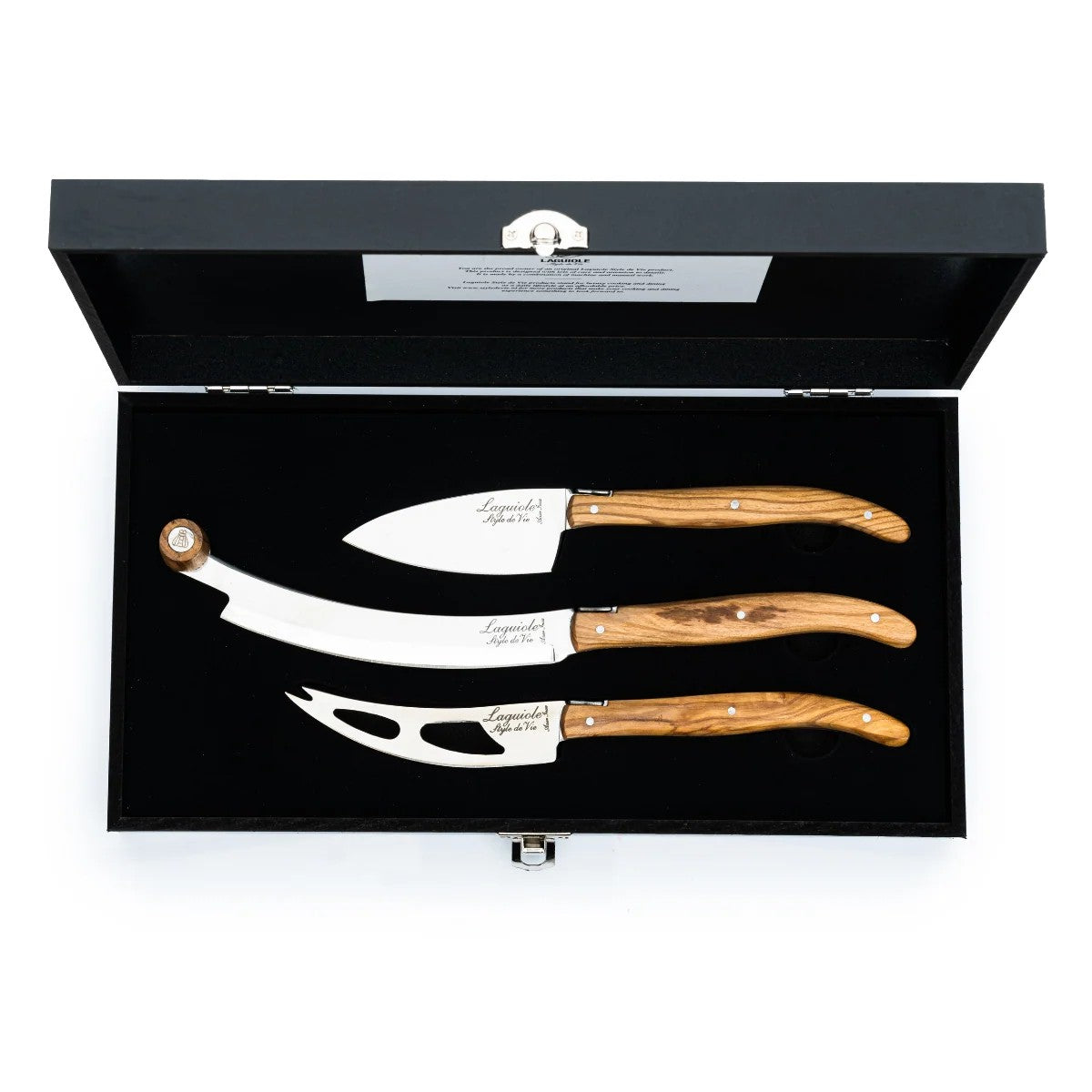Laguiole Style de Vie Luxury Line Kaasmessen 3-delig V2 - Olijfhout op witte achtergrond