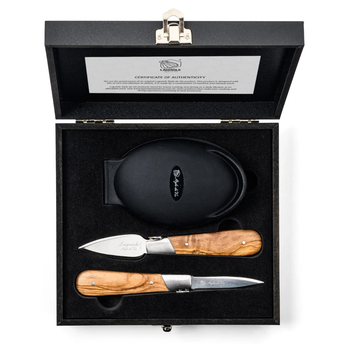 Laguiole Style de Vie Luxury Line Oester Geschenkset - Olijfhout op witte achtergrond