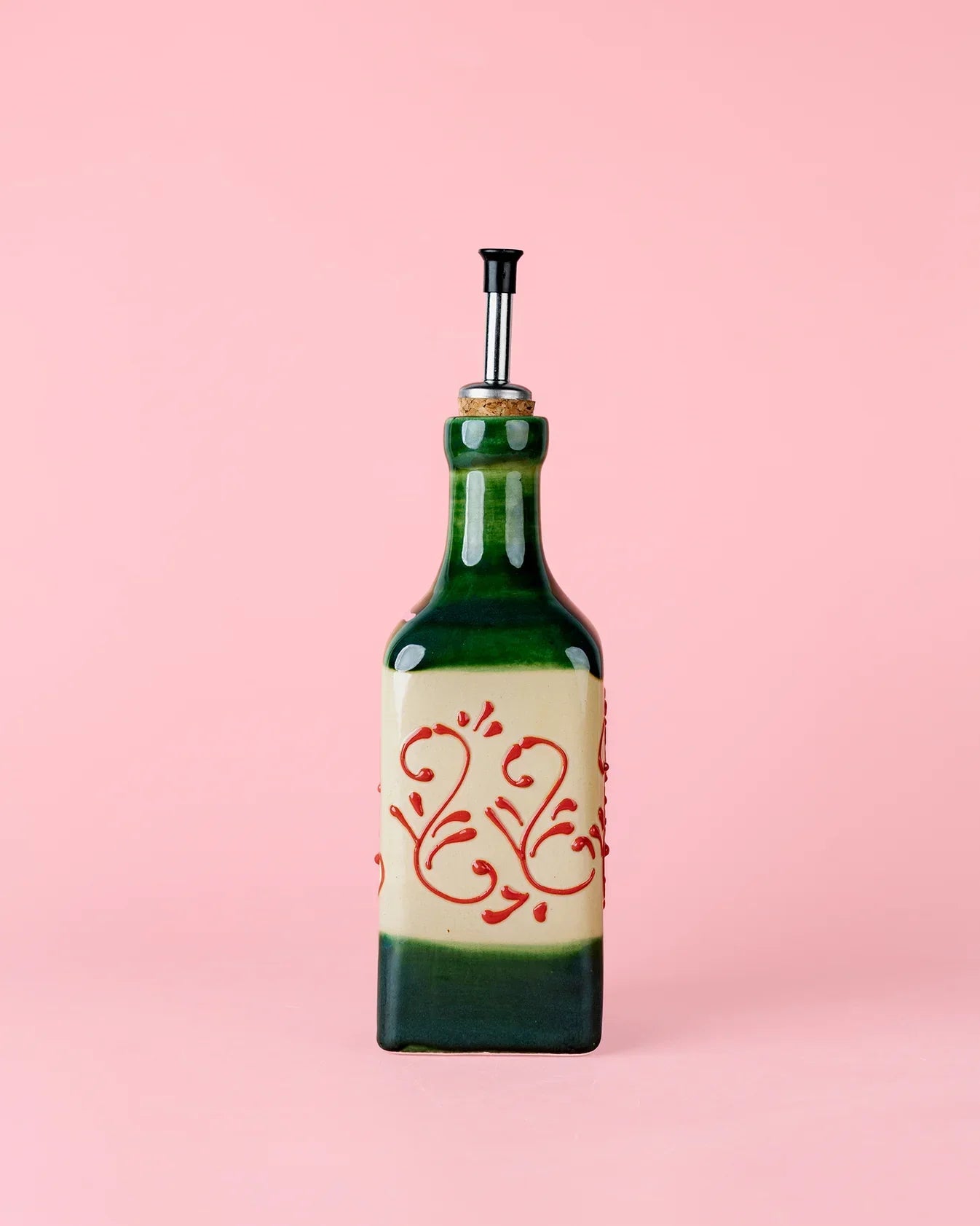 Tierra Cocida Keramische Oliedispenser - Groene Alhambra op roze achtergrond