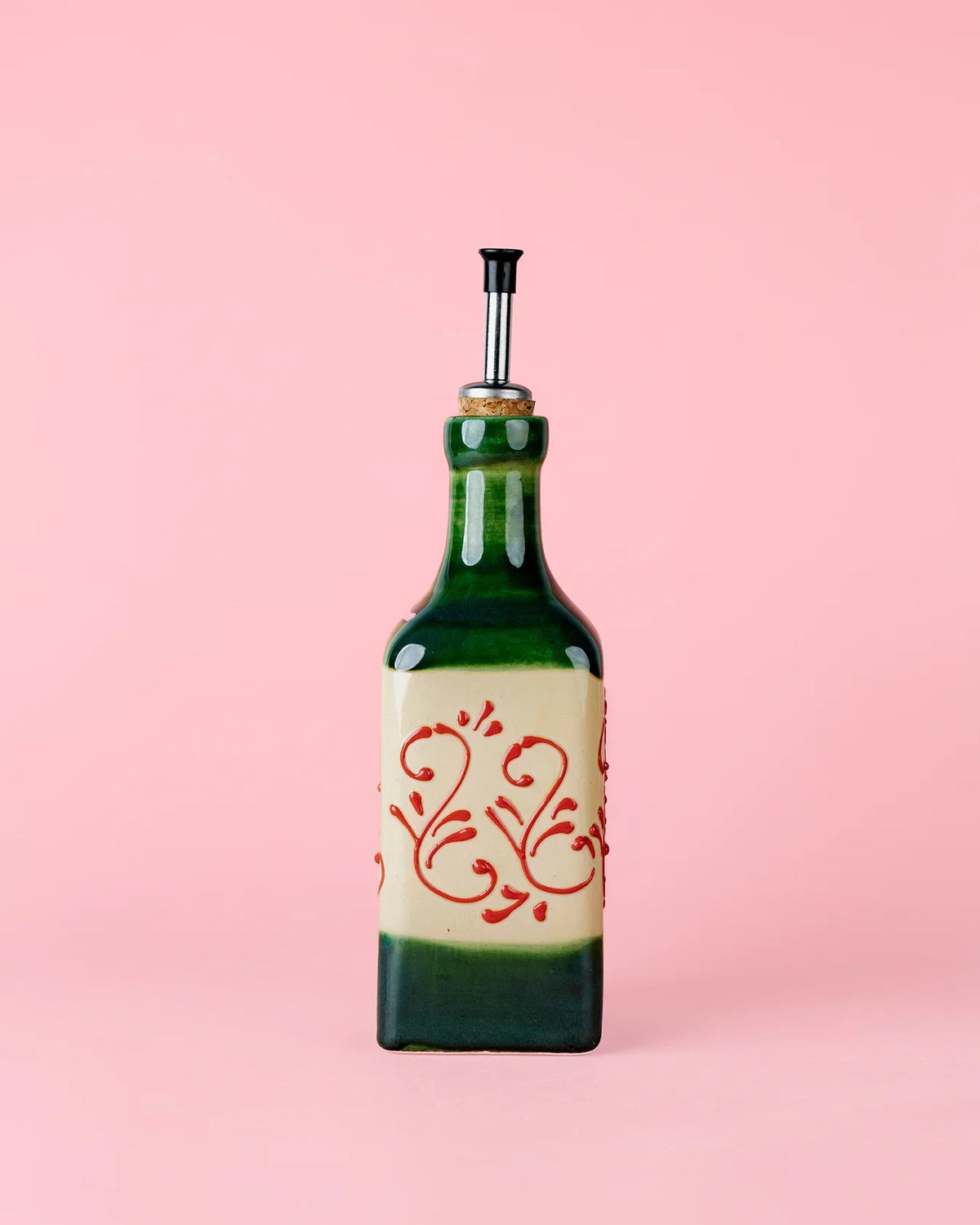 Tierra Cocida Keramische Oliedispenser - Groene Alhambra op roze achtergrond
