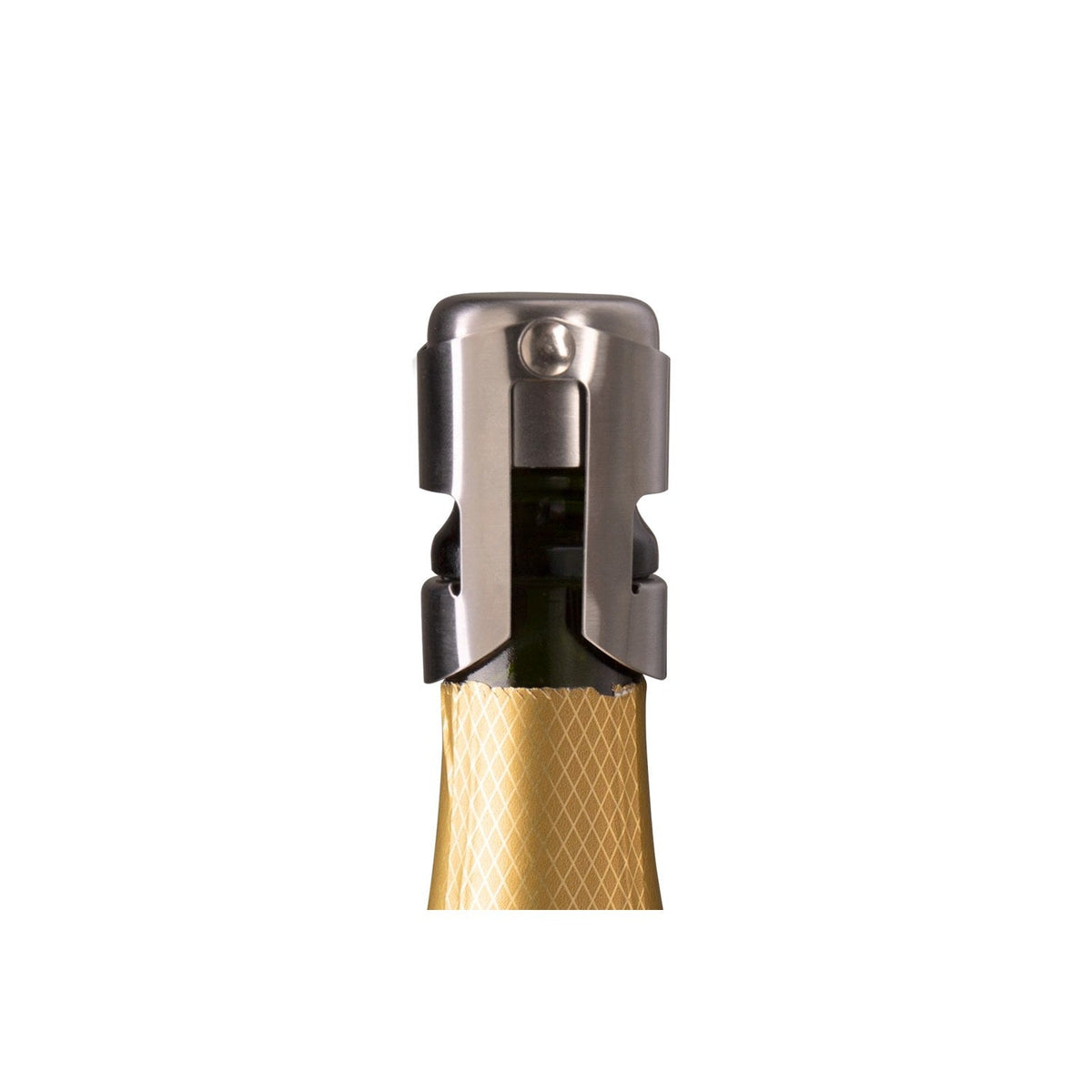 De roestvrijstalen champagnestopper op de hals van een champagnefles