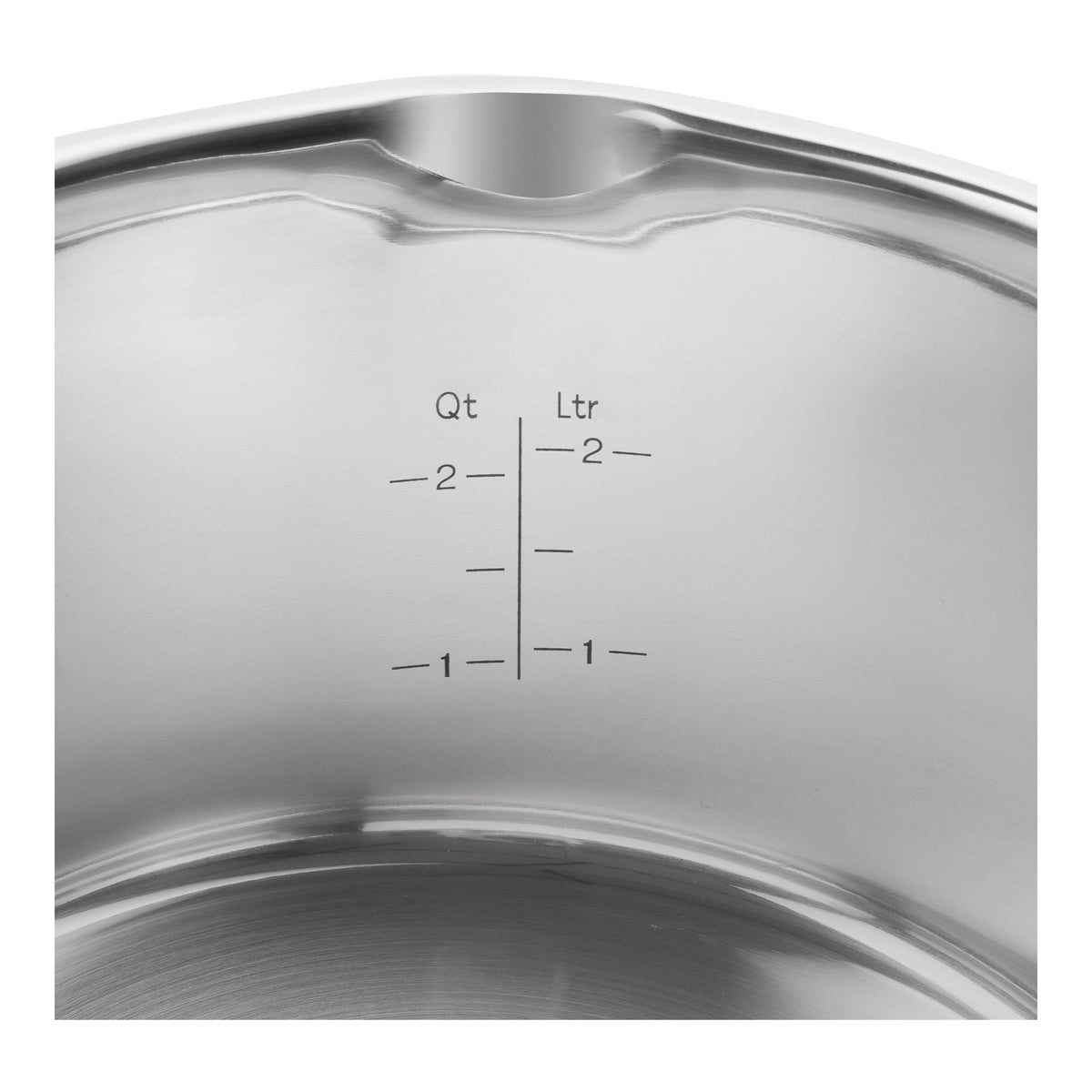 De maatverdeling in liters en quarts aan de binnenkant van de pan