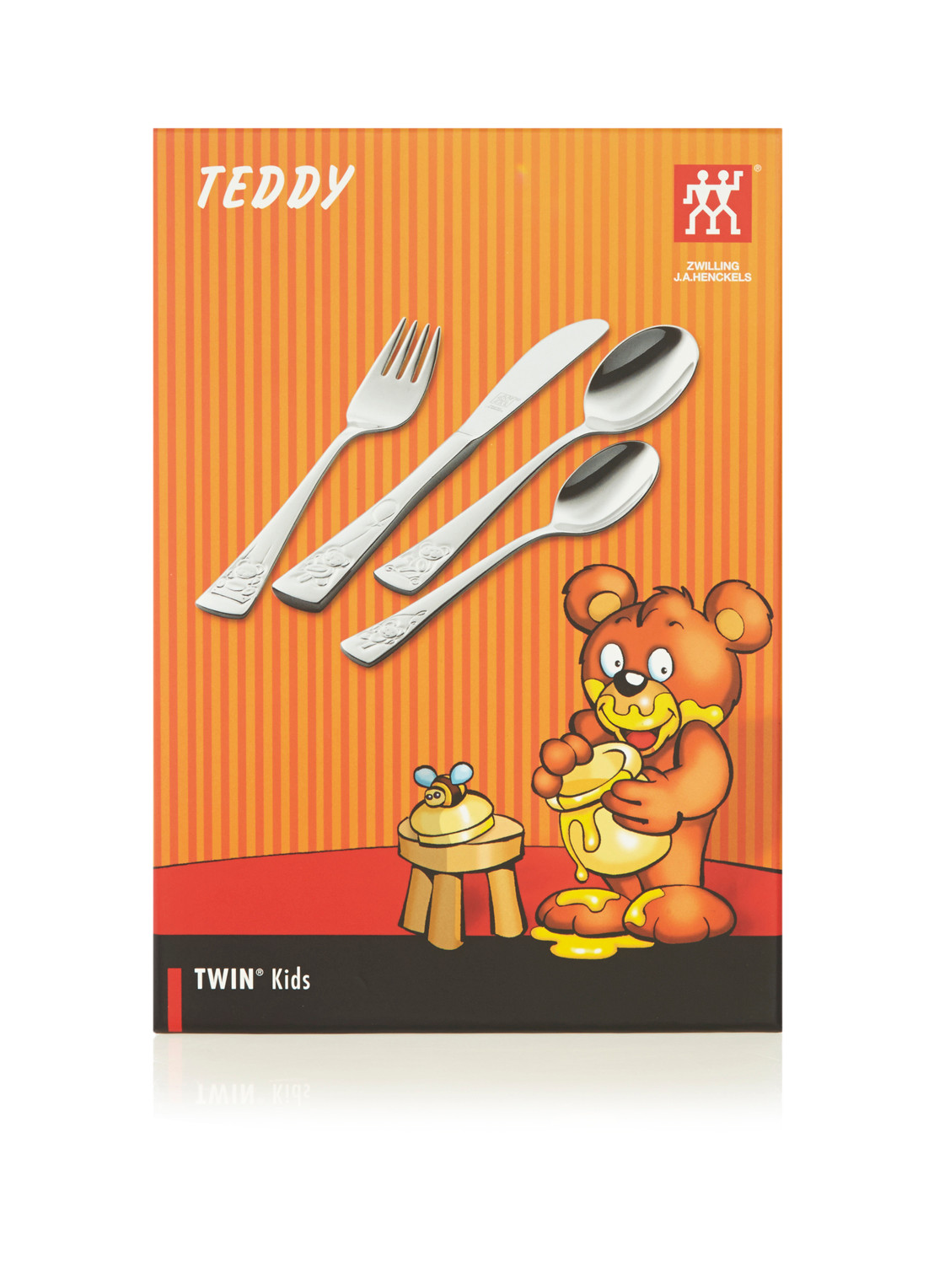 strelen Prik fonds Kinderbestek Teddy van Zwilling J.A. Henckels. Deze 4-delige bestekset uit  de Twin Kids collectie bestaat uit een vork, mes en twee lepels. Op de set  staat een beertje op een schommel, met
